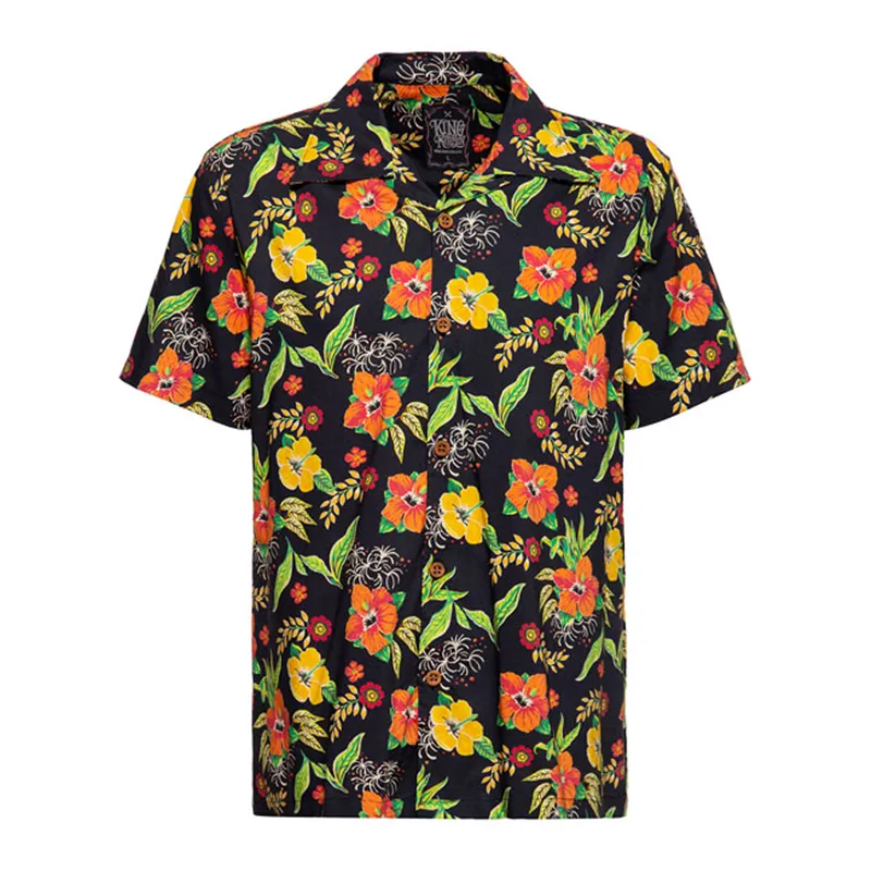 cafe 4 racer - King Kerosin Hibiscus AOP shirt black - KING KEROSIN Shirts 