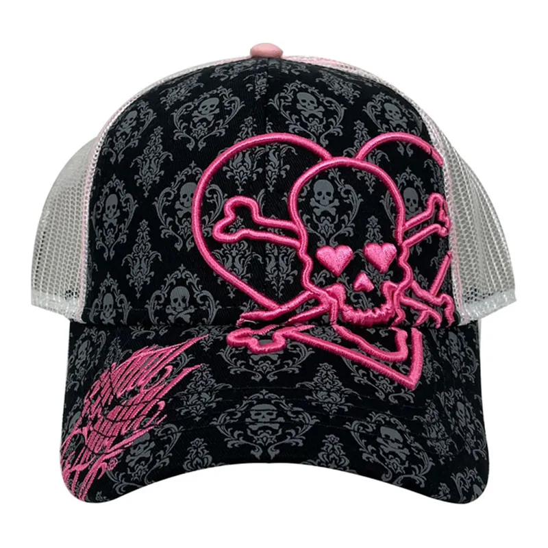 cafe 4 racer - LT Heart Skull dámska trucker čiapka čierna/ružová - LETHAL THREAT Šiltovka 