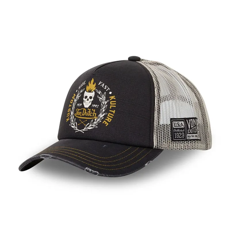 cafe 4 racer - Von Dutch Heritage-Trucker Posádková čiapka s lebkou čierna/biela/žltá - Von Dutch Šiltovka 