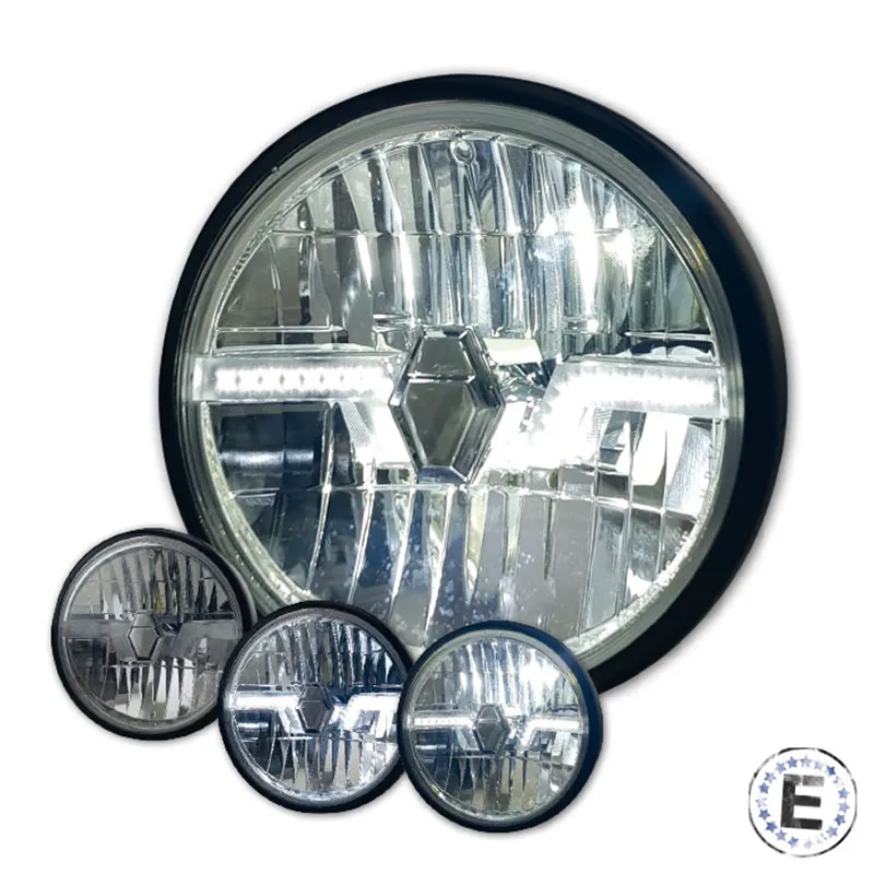cafe 4 racer - LED Přední Světlo "Flash" 7 Palců Černý Lesklý Prismatický Reflektor M8 Boční Nevo Styl Čiré Sklo - HS MOTO Germany Světla LED 4251352670946