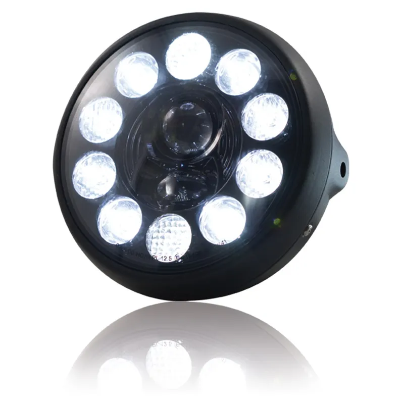 cafe 4 racer - LED Headlight "British Style" 7" Black 10 LEDs Side M8 E-approved - HS MOTO Germany LED Headlight & inserts 4251352601193