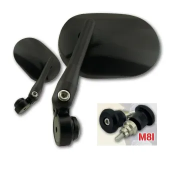 cafe 4 racer - Handlebar End Mirror "SOLID 1" M8 Black Aluminum Pair incl. Handlebar Weights M8 Kawasaki Arm: 170mm - HS MOTO Germany Bar end mirrors 4251926901674