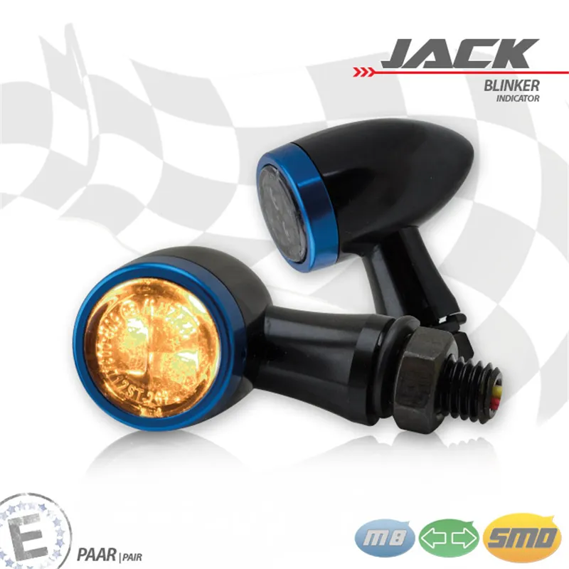 cafe 4 racer - SMD Turn Signal Set "Jack" Black Blue Bezel M8 Aluminum Tinted Ø 22 x T - HS MOTO Germany Standard indicators 4251352631404
