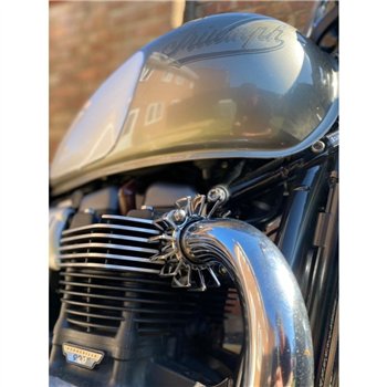 cafe 4 racer - Finned SS Exhaust Clamps - LC - Hand Polished Finish - Motone Triumph Bonneville 