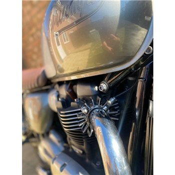 cafe 4 racer - Finned SS Exhaust Clamps - LC - Hand Polished Finish - Motone Triumph Bonneville 