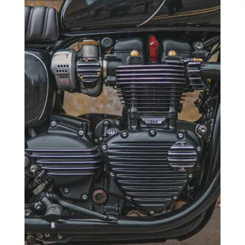 cafe 4 racer - Finned Exhaust Clamps - LC - Black/Contrast Polished Fins - Motone Triumph Bonneville 
