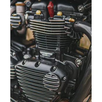 cafe 4 racer - Finned Exhaust Clamps - LC - Black/Contrast Polished Fins - Motone Triumph Bonneville 