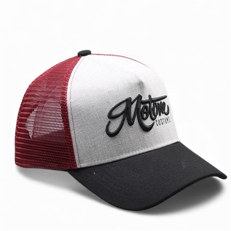 cafe 4 racer - RON BURGUNDY Trucker Cap - Curved Peak - Grey Cotton Panel / Red Mesh - Black Logo - Motone Caps 