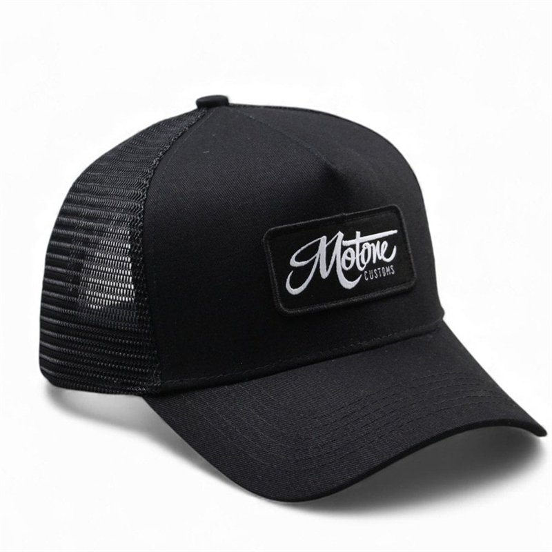 cafe 4 racer - ID-PATCH Trucker Cap - Curved Peak - Black Cotton - White on Black Logo Patch - Motone Caps 