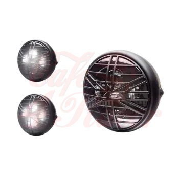cafe 4 racer - 7,7" matně černá mřížka LED světlometů Union Jack  Grill - MAX-INC  Světla LED 